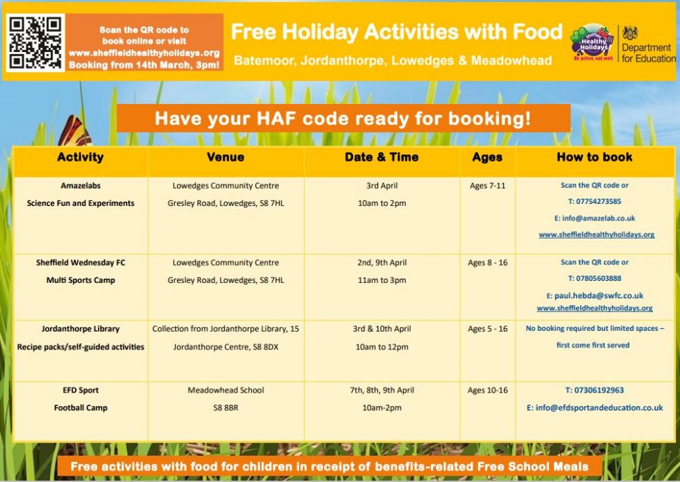 The image contains a flyer listing various holiday activities for children, including sports, arts and crafts, baking, and trips. Each activity is accompanied by dates, age groups, and booking information.