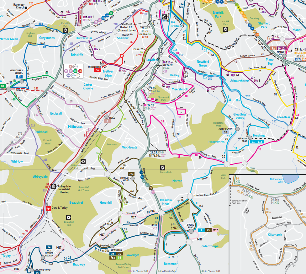 google map of Meadowhead school and surrounding area, showing bus routes